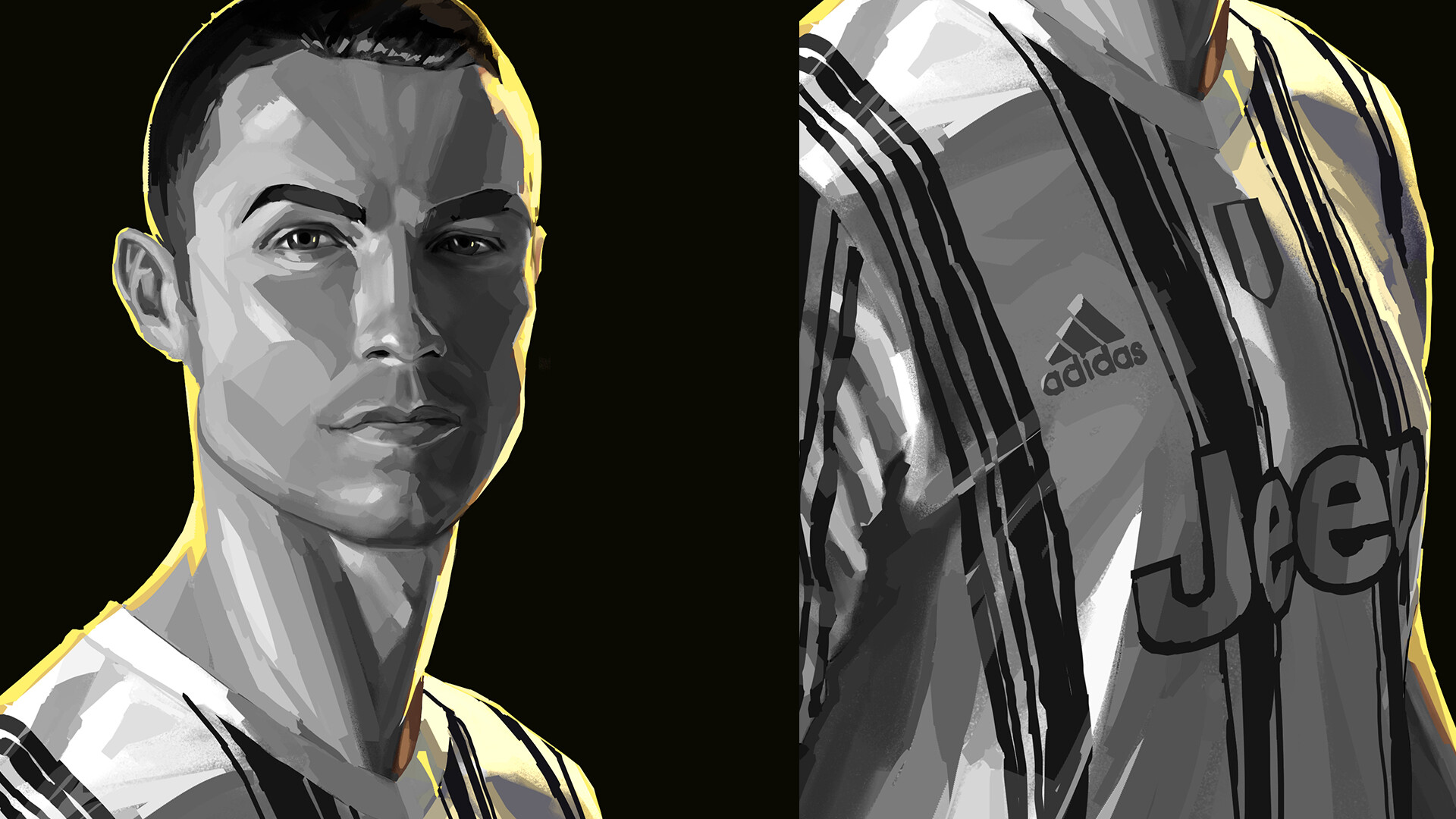 ronaldo football digital art drawing bw steps